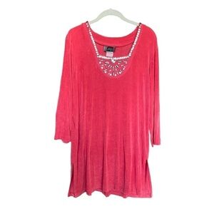 Slinky Brand Embellished coral Color Top size large silver green blue embellish